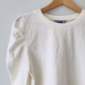 🤍🌾(Vylette) Crew Neck Puff Sleeve Ivory Cotton Blend Cropped Sweatshirt